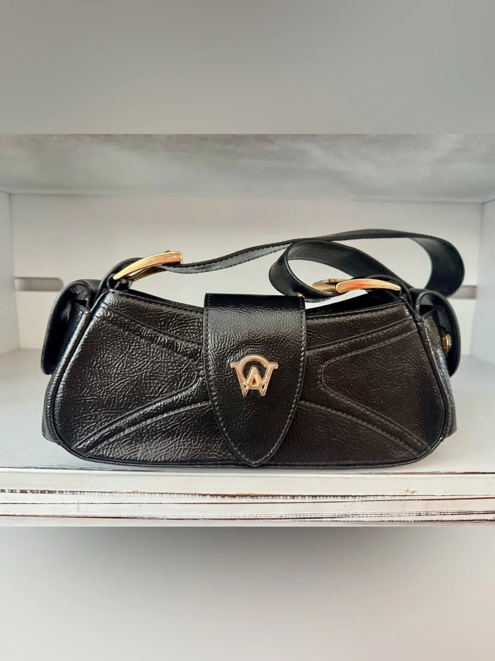 Manc Aurora Micro Black Gold Glossy Calf Leather Shoulder Purse